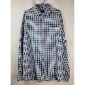 Lands End Mens Dark Blue Plaid Button Up Long Sleeve Shirt Size XL 17-17.5